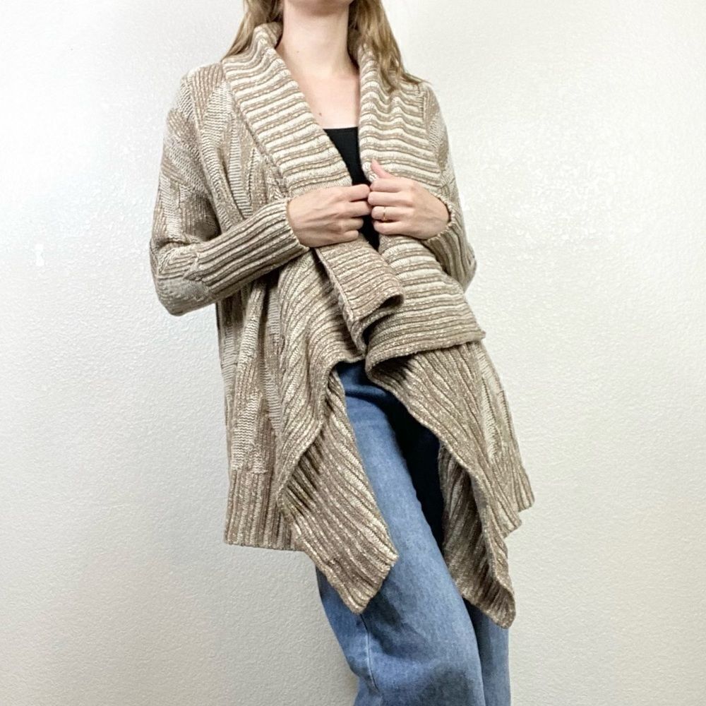 Staring at Stars Tan & White Herringbone Striped Open Face Waterfall Cardigan